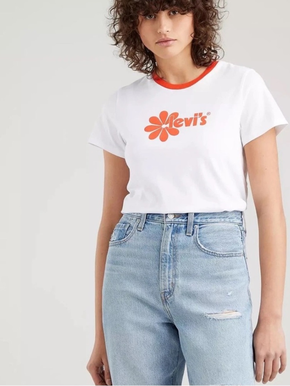 Levi's Jordie White Crop Tee with Flower Logo and Orange Ringer